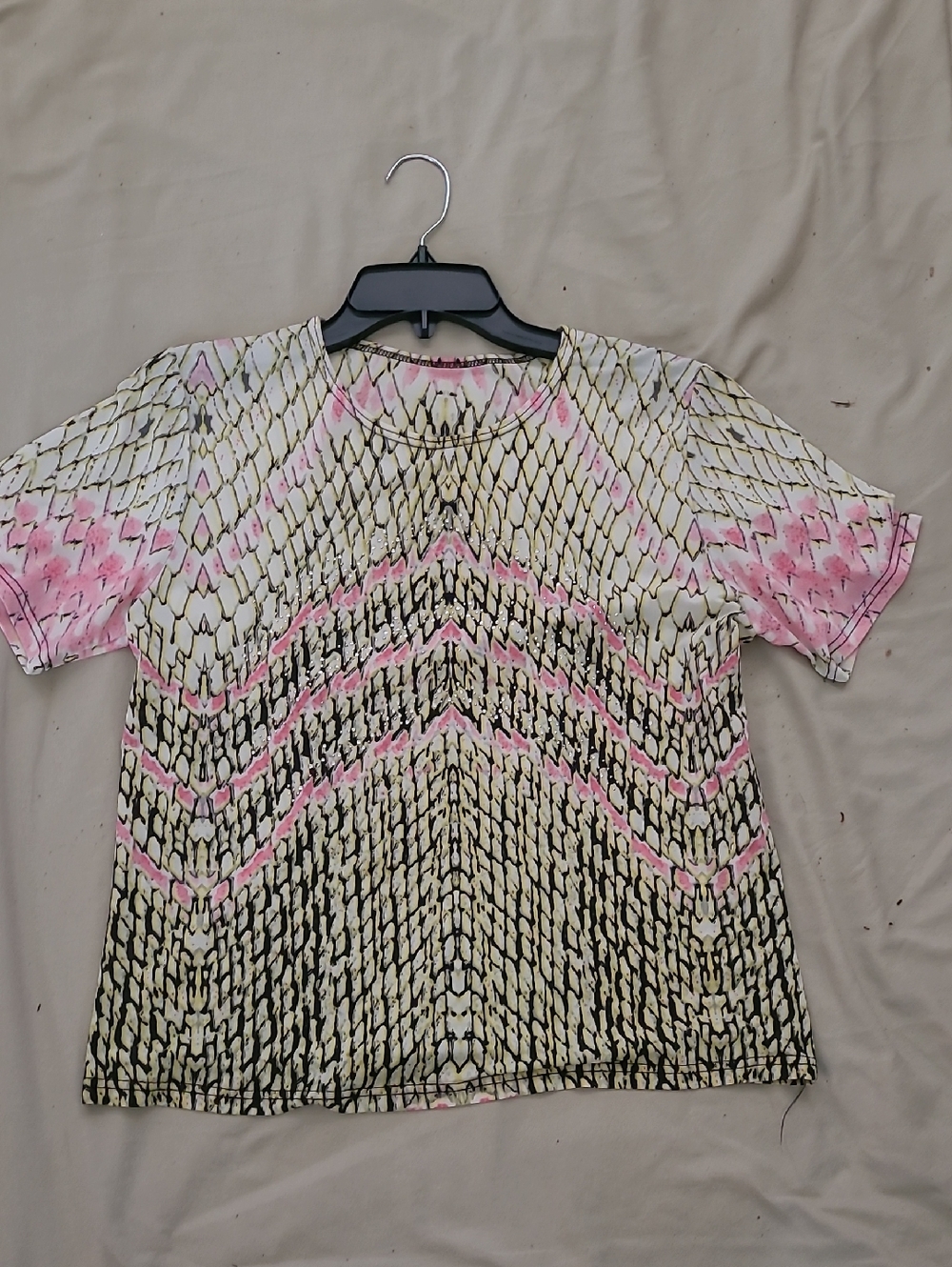 INC International Concepts Pink and Cream Patterned Short Sleeve Top